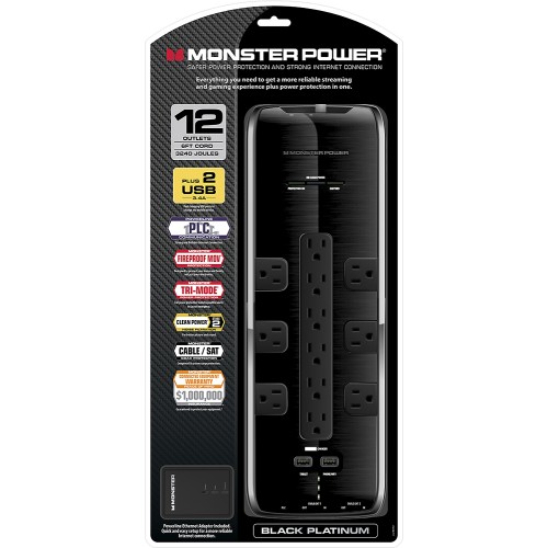 Monster 101957 12 Outlet Power Black Platinum 1200 Surge Protector