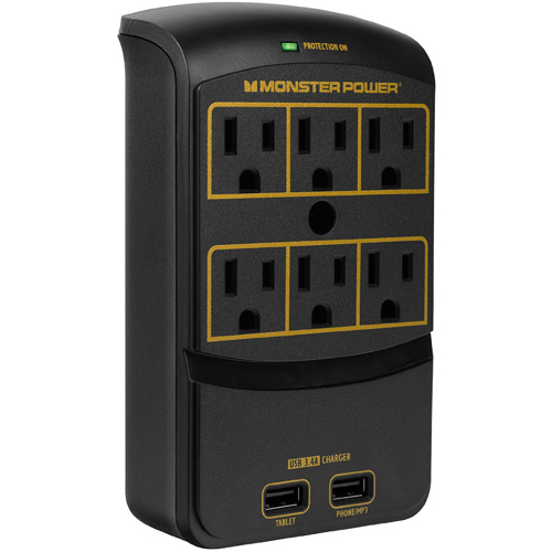 Monster 123063 6 Outlet Power Gold 650 USB Surge Protector Black