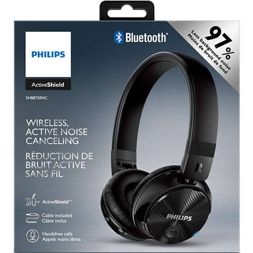Philips SHB8750NC27 Wireless Noise Canceling OnEar Black Headphones