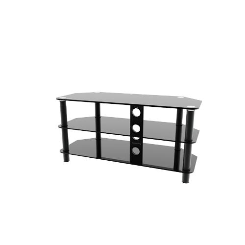 Etec E1630C Flat Panel TV Stand With 3 Tempered Glass Shelves, Black Finish With 3 Tempered