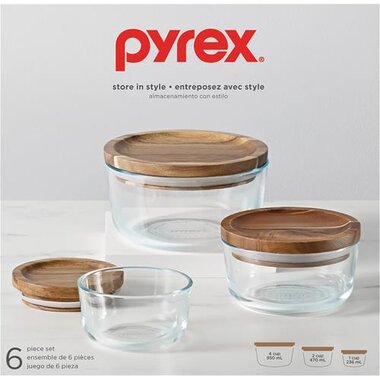 Pyrex 6-Piece Glass Food Storage Container Set With Wood Lids