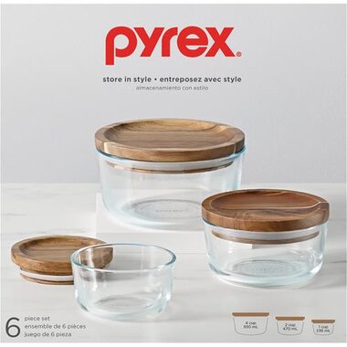 Pyrex 1135102 6-piece Glass Food Storage Container Set With Wood