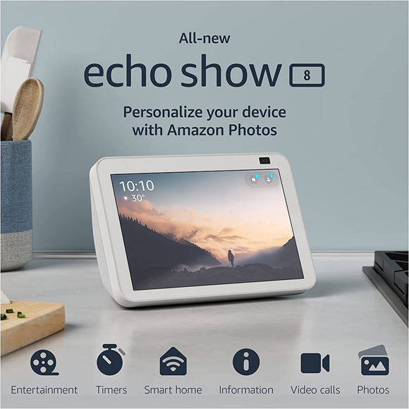 Echo B084DC4LW6 Show 8 (2nd Gen, 2021 release), HD smart display with  Alexa and 13 MP camera, Glacier White