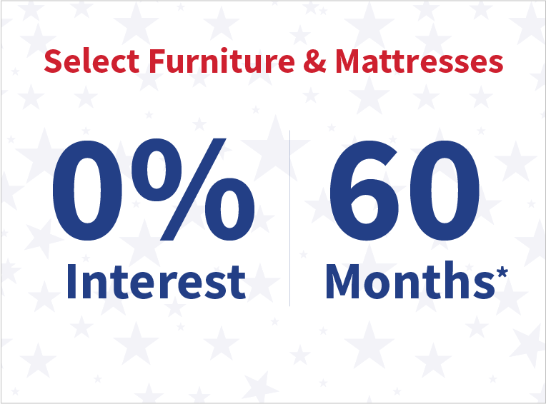 Select Furniture and Mattresses 0% percent Interest for 60 Months