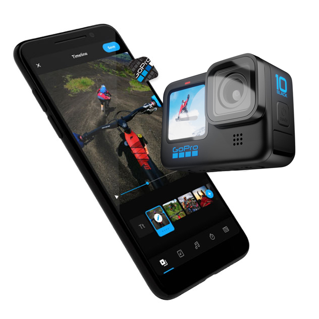 HERO10 Black and a mobile device displaying how the GoPro app seamlessly syncs content libraries and automatically creates awesome edited videos.