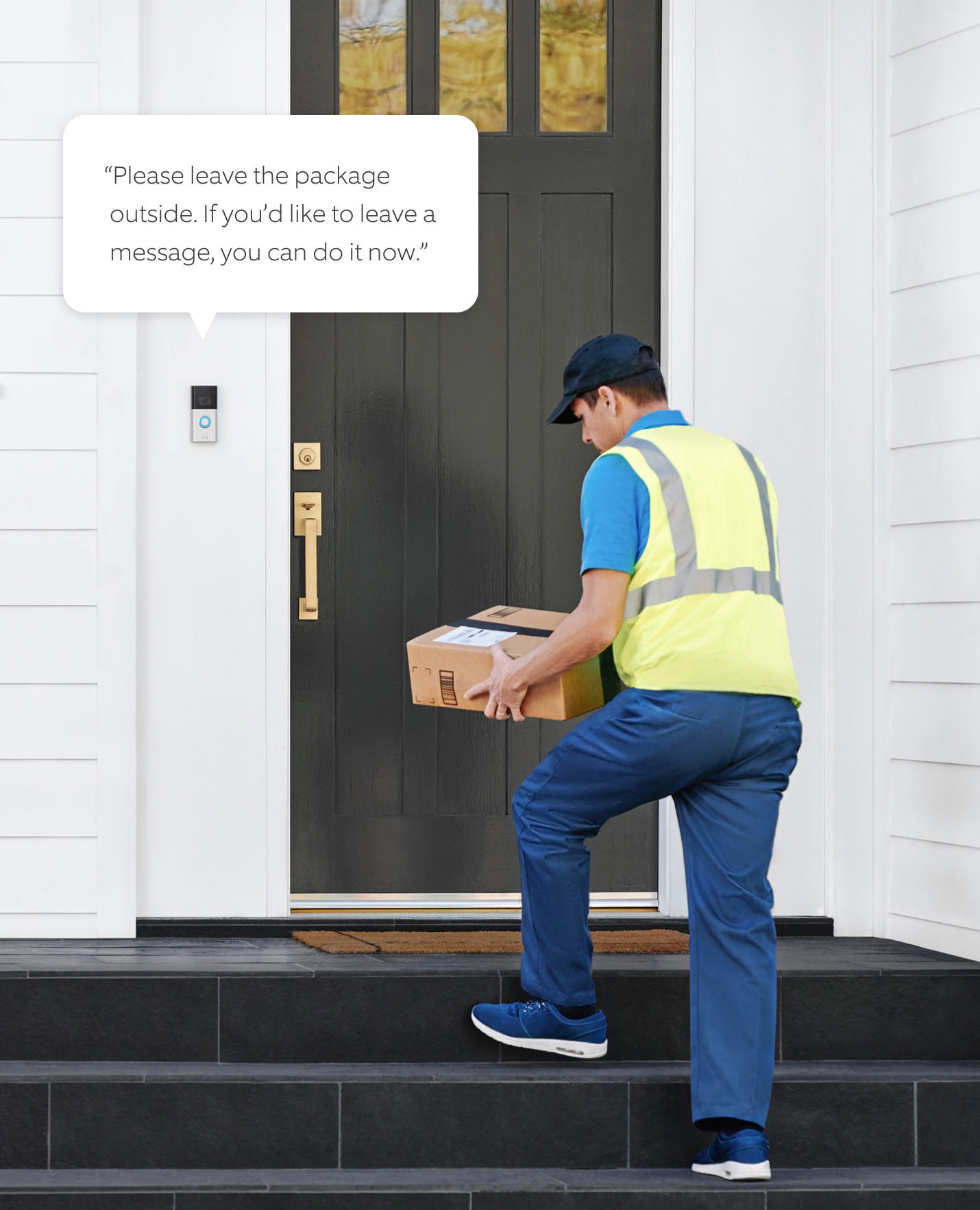 Package being delivered to the front door. Package being delivered.