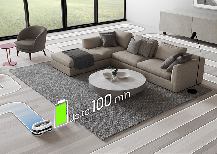Jetbot Mop has a Long-Lasting Battery with the capability to mop for up to 100 minutes. Long-Lasting Battery