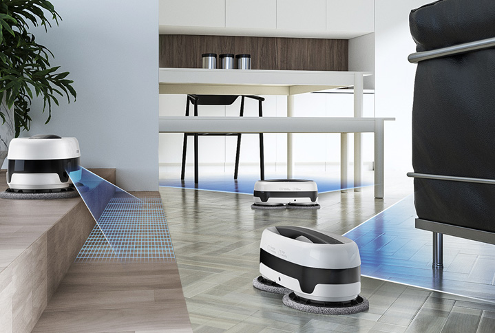 Jetbot Mop uses Smart Sensor System to clean corners while avoiding walls, carpeting, furniture or other objects. It stops the unit from dropping off steps or stairs. Smart Sensor System