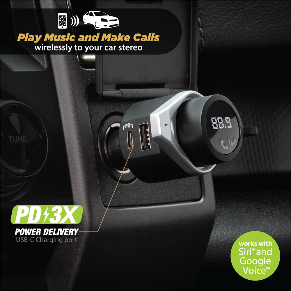 Scosche BTFMPD3SR-SP1 Universal Bluetooth Hands-Free Car Kit with Digital FM Transmitter and 20-Watt USB-C PD 12W Type-A Charging Ports Scosche BTFMPD3SR-SP1 Universal Bluetooth Hands-Free Car Kit with Digital FM Transmitter and 20-Watt USB-C PD 12W Type-A Charging Ports