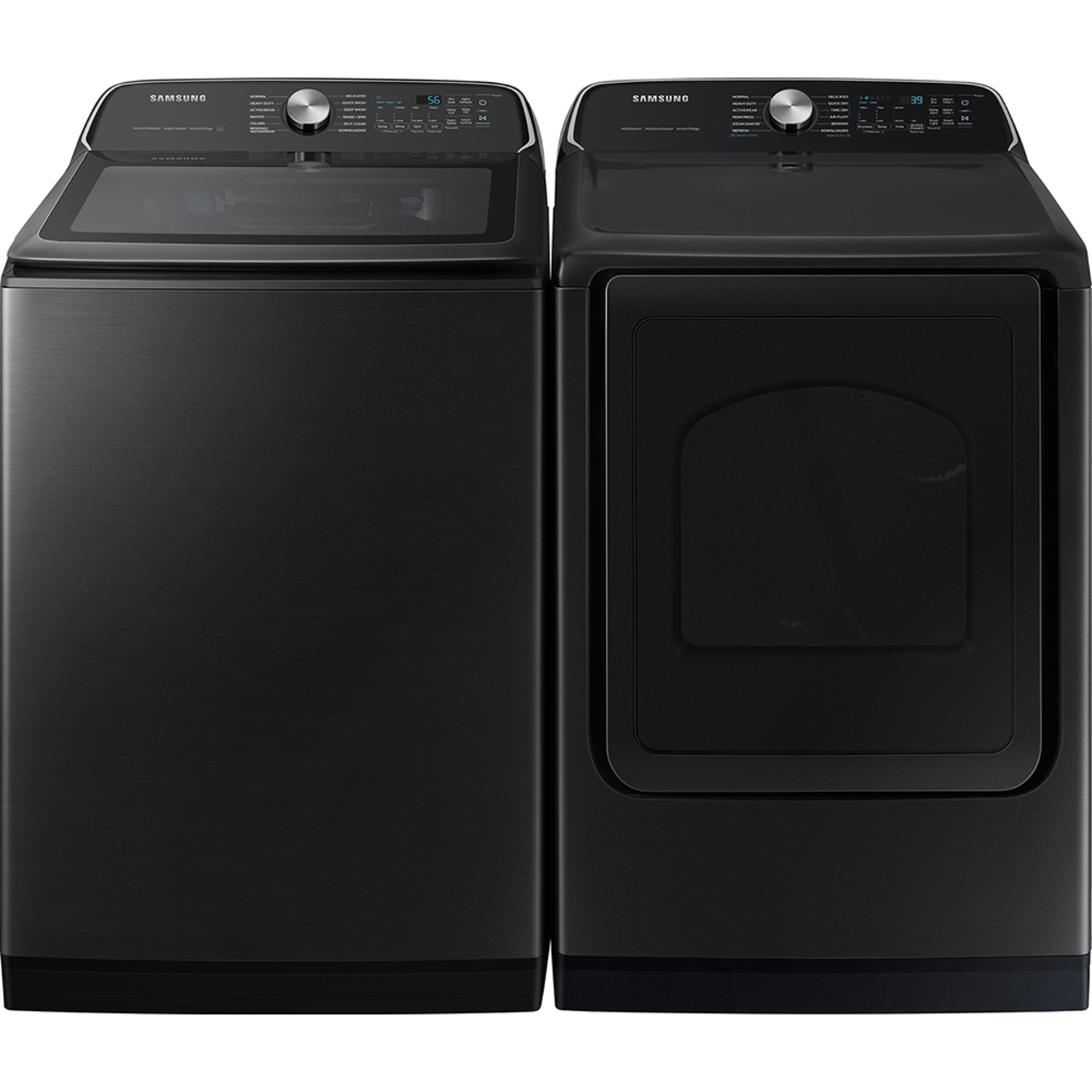 Bixby enabled front load washer & dryer set with discount super speed and steam sanitize+ in black stainless steel