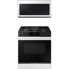 Samsung Bespoke 6.3 CuFt Smart Slide-In Gas Range with 2.1 CuFt Smart 1000W Over-the-Range Microwave in White Glass