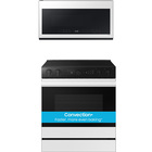 Samsung Bespoke 6.3 CuFt Smart Slide-In Electric Range with 2.1 CuFt Smart 1000W Over-the-Range Microwave in White Glass