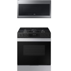 Samsung Bespoke 6.3 CuFt Smart Slide-In Gas Range with 2.1 CuFt Smart 1000W Over-the-Range Microwave in Stainless Steel
