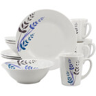 Gibson Blue Leaves 12 Piece Round Fine Ceramic Decorated Dinnerware Set