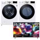 LG 5.0 Cu. Ft. Smart Steam Front Load Washer, 7.4 Cu. Ft Smart Steam Dryer and a LG 55" Class UHD AI UA7050 4K Smart TV