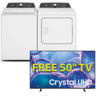 Whirlpool 4.5 Cu. Ft. Top Load Agitator Washer, 7.0 Cu. Ft. Top Load Electric Moisture Sensing Dryer and a Samsung 50" Crystal UHD U7900F 4K Smart TV